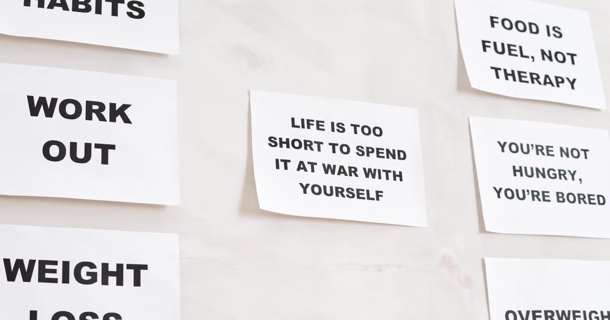 Motivational quotes on white paper promoting healthy habits and lifestyle changes.